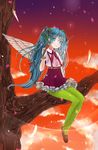  aqua_eyes aqua_hair bad_id bad_pixiv_id bracelet feathers gotoh510 green_legwear hatsune_miku highres in_tree jewelry long_hair looking_at_viewer pantyhose sitting sitting_in_tree skirt sky smile solo sunset suspenders tree twintails very_long_hair vocaloid wings 