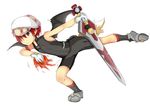 1boy bat_wings boots child demon_wings elsword elsword_(character) flame gloves hat male male_focus red_eyes red_hair short_hair shorts simple_background socks solo sword tail vest waysin966 weapon white_background wings 