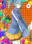  ^_^ aqua_hair argyle argyle_background black_wings blue_hair blue_jacket candy closed_eyes closed_mouth cowboy_shot demon_tail ene_(kagerou_project) facial_mark food halloween happy headphones heart holding_hand jacket kagerou_project konoha_(kagerou_project) lollipop long_sleeves miniskirt orange_background out_of_frame pleated_skirt shigure_rin skirt sleeves_past_fingers sleeves_past_wrists smile solo_focus spoken_heart tail track_jacket twintails wings yellow_skirt 