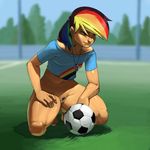  bottomless female friendship_is_magic hair human kevinsano_(artist) multi-colored_hair my_little_pony outside pubes pussy rainbow_dash_(mlp) rainbow_hair smile soccer soccer_ball solo 