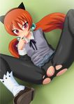  alisa_southerncross animal_ears bar_censor blush cat_ears censor_bar censored highres keroro_gunsou long_hair mizutani_rin no_panties orange_hair pantyhose purple_eyes spread_legs torn_clothes torn_pantyhose twintails 