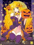  1girl animal_ears artist_request blonde_hair blush bow censored erection futanari garter_straps green_eyes hair_bow halloween jewelry kneeling long_hair necklace no_panties penis precum pumpkin samucha smile thighhighs very_long_hair 