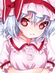 blue_hair bow crossed_arms dress hat hat_bow kiira looking_at_viewer mob_cap pink_dress pink_eyes puffy_sleeves remilia_scarlet short_sleeves smirk solo touhou upper_body 