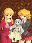  1girl androgynous blonde_hair bonnet bow character_doll chin_stroking clair_vaux_bernardus cravat daijou_kiyosu doll dress grey_eyes highres jewelry necktie open_mouth ponytail ring siblings smile umineko_no_naku_koro_ni ushiromiya_jessica ushiromiya_lion 