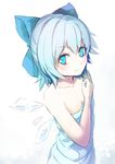  bare_shoulders blue_eyes blue_hair blush bow cirno culter hair_bow naked_towel short_hair smile solo touhou towel wings 