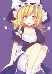  apron black_dress blonde_hair bloomers bow braid collarbone culter dress hand_on_own_knee hat hat_bow kirisame_marisa looking_at_viewer open_mouth puffy_sleeves short_sleeves single_braid sitting solo star touhou underwear waist_apron white_bow witch_hat yellow_eyes 