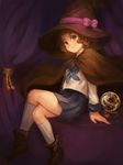  anonymous_drawfag blush brown_eyes brown_hair crossed_legs flat_chest hat highres hyouka ibara_mayaka school_uniform serafuku short_hair sitting skirt smile socks witch witch_hat 