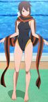  1girl barefoot brown_hair clothed_navel competition_swimsuit feet full_body highleg highleg_swimsuit highres one-piece_swimsuit poolside red_eyes ribbon scarf screencap standing swimsuit tears toes tsurime yarizakura_hime yozakura_quartet 