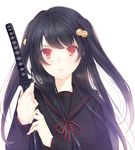  black_hair blush hair_bobbles hair_ornament long_hair long_sleeves looking_at_viewer original porigon red_eyes scabbard school_uniform sheath solo sword two_side_up weapon 