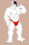  anthro beefcake biceps big_muscles black_nose blue_eyes blue_hair bulge can canine claws dog drink fangs flexing fur grin hair handsome male mammal muscles mutant_serpentina pecs plain_background pose smile solo speedo standing swimsuit teeth toe_claws toned topless white_fur 