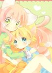  1girl animal_ears bad_id bad_pixiv_id blonde_hair blue_eyes cat_ears cat_tail green_eyes hands_on_shoulders heart highres hug jinrui_wa_suitai_shimashita joshu-san long_hair long_sleeves looking_at_viewer nekoto_rina pink_hair polka_dot polka_dot_background tail watashi_(jintai) 