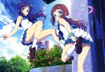  :o absurdres adjusting_clothes adjusting_shoe black_hair blue_eyes brown_hair cloud dress highres hiradaira_chisaki leg_lift legs long_legs looking_back mukaido_manaka multiple_girls nagi_no_asukara non-web_source nyantype official_art sailor_dress school_uniform serafuku short_dress sky smile socks starfish underwater 