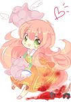  :d bad_id bad_pixiv_id bird blood blood_stain bread chibi chicken dress food green_eyes heart highres jinrui_wa_suitai_shimashita long_hair long_sleeves looking_at_viewer nekoto_rina open_mouth orange_dress pink_hair smile watashi_(jintai) 