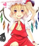  ascot bad_id bad_pixiv_id blonde_hair blush crystal daimaou_ruaeru fangs fingernails flandre_scarlet hand_on_own_face hat hat_ribbon heart highres laevatein looking_at_viewer mob_cap nail_polish open_mouth puffy_sleeves red_eyes ribbon shirt short_hair short_sleeves side_ponytail simple_background sitting skirt skirt_set smile solo text_focus touhou vest white_background white_shirt wings wrist_cuffs 