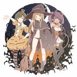  broom brown_hair dark_skin detached_sleeves fang green_eyes halloween hat horns long_hair multiple_girls navel original panties pink_eyes pumpkin purple_hair short_hair supertie tail thighhighs underwear wings witch witch_hat yellow_eyes 