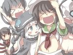 &gt;_&lt; asymmetrical_wings black_hair blue_eyes bodysuit bruise chi-class_torpedo_cruiser closed_eyes commentary crossover dress gaoo_(frpjx283) hat houjuu_nue injury kantai_collection long_hair monster multiple_girls murasa_minamitsu open_mouth pale_skin red_eyes ri-class_heavy_cruiser sailor sailor_collar sailor_hat shinkaisei-kan short_hair silver_hair smile torn_clothes touhou wings wo-class_aircraft_carrier 