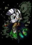  arthropod blue_eyes bottle dreamcatcher equine feathers female firefly friendship_is_magic glowing gold insect jewelry longinius looking_at_viewer mammal my_little_pony neck_rings parasprite_(mlp) piercing pipe skull smoke smoke_monster smoking_pipe solo space stars stripes zebra zecora_(mlp) 