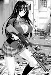  bipod fire_extinguisher gen_(black_factory) greyscale highres kneehighs light_machine_gun long_hair looking_at_viewer magazine_(weapon) monochrome original pleated_skirt rpk school_uniform serafuku skirt solo trigger_discipline weapon 