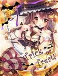  animal_ears bare_shoulders bell between_breasts blush braid breasts brown_eyes brown_hair cat_ears cat_tail chocolate fang hair_ornament halloween hat large_breasts long_hair looking_at_viewer nipples original shiromochi_sakura side_braid single_braid smile solo spoon striped striped_legwear tail tail_bell thighhighs twintails witch_hat wrist_cuffs 