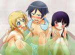  1boy 2girls aqua_eyes aragaki_ayase bath black_hair blue_eyes blush breasts brown_hair cleavage girl_sandwich gokou_ruri housenki_(itigototyoko) kousaka_kirino kousaka_kyousuke long_hair mixed_bathing multiple_girls navel nude ore_no_imouto_ga_konna_ni_kawaii_wake_ga_nai sandwiched short_hair towel 