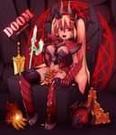  :d between_legs chain coin defense_of_the_ancients demon_girl doombringer_(dota) dota_2 evil_smile full_body genderswap genderswap_(mtf) gold hooves horns knee_pads navel no_panties open_mouth rabbitbrush shaded_face smile solo throne twintails 