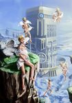  5boys angel barefoot bird_wings blonde_hair blue_sky child cliff cloud clouds feet green_eyes highres male male_focus multiple_boys outdoors realistic sky to1989 toes tower wings 