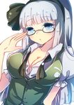  alternate_breast_size alternate_hair_length alternate_hairstyle bad_id bad_pixiv_id bespectacled blue_eyes blush breasts cleavage emia_wang glasses hairband konpaku_youmu large_breasts long_hair looking_at_viewer silver_hair sketch solo touhou 