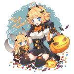  :d ahoge animal_ears bangs black_capelet black_dress black_footwear black_gloves black_legwear black_skirt blonde_hair blue_eyes blush bow bowtie candy candy_wrapper capelet chibi dress eyebrows_visible_through_hair fang finger_to_mouth food garter_straps gloves hair_bow halloween halloween_basket happy_halloween high-waist_skirt holding holding_food hood hood_down hooded_capelet jack-o'-lantern lollipop long_hair looking_at_viewer mary_janes multiple_girls nardack open_mouth orange_bow orange_neckwear original puffy_short_sleeves puffy_sleeves shirt shoes short_hair short_sleeves skirt smile star swirl_lollipop tail thighhighs v-shaped_eyebrows white_shirt wolf_ears wolf_girl wolf_tail 