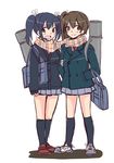  alternate_costume arm_grab bag black_eyes black_hair bookbag brown_eyes brown_hair contemporary hair_ribbon hands_in_pockets hiryuu_(kantai_collection) kantai_collection loafers looking_at_viewer multiple_girls open_mouth ponytail ribbon sanpachishiki_(gyokusai-jima) scarf school_bag school_uniform shared_scarf shoes side_ponytail sketch sleeves_past_wrists smile sneakers souryuu_(kantai_collection) twintails 