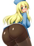  ass atago_(kantai_collection) blonde_hair breasts green_eyes hat huge_ass kantai_collection large_breasts long_hair looking_at_viewer looking_back nokoppa pantyhose simple_background smile solo white_background 
