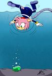  amy_rose anthro boots bubble_helmet chaos_emerald clothing diaper diving_suit female floating gloves green_eyes hair hedgehog humiliation humor liljdude mammal outside sand sea seaside sega signature solo sonic_(series) underwater upside_down video_games water 