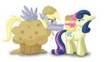  blue_eyes bonbon_(mlp) bow cutie_mark derpy_hooves_(mlp) duo equine female feral food friendship_is_magic frown fur hair horse long_hair looking_back mammal muffin my_little_pony pegasus plain_background pony smile tongue tongue_out transparent_background two_tone_hair wings xkappax 