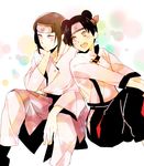  1girl black_hair blush couple double_bun forehead_protector grey_eyes hair_bun hand_on_own_chin happy hetero hyuuga_neji iyutani naruto naruto_(series) open_mouth sitting tenten 