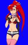  belt bikini_top blue_background blush breasts brown_eyes cleavage elbow_gloves fingerless_gloves gloves hair_ornament long_hair medium_breasts navel open_mouth pink_legwear ponytail puge red_hair scarf short_shorts shorts skull_hair_ornament solo studded_belt tengen_toppa_gurren_lagann thigh_gap thighhighs yoko_littner 