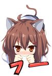  :&gt; ahoge animal_ears bad_id bad_pixiv_id blush brown_eyes brown_hair cat_ears cat_tail close-up hair_ornament hairclip highres hiss ikazuchi_(kantai_collection) kantai_collection kemonomimi_mode looking_at_viewer pleated_skirt school_uniform serafuku short_hair skirt solo tail yunotimo 