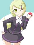  ace_trainer_(pokemon) ayaka_(pokemon) blonde_hair cowboy_shot hair_ornament hand_on_hip kuro_(be_ok) leaning_forward long_hair one_eye_closed poke_ball pokemon pokemon_(game) pokemon_xy skirt smile solo yellow_eyes 