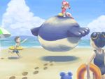  2girls azurill beach cloud day floating gen_3_pokemon haruka_(pokemon) mijinko_(barabadge) multiple_girls ocean outdoors pokemon pokemon_(creature) pokemon_(game) pokemon_rse sitting sky wailmer 