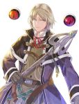  1boy belt black_coat black_gloves blonde_hair cloak closed_mouth collared_shirt eyeball glaring gloves holding holding_weapon hugo_fact isa_(peien516) looking_at_viewer orb red_ribbon ribbon shiny shiny_hair shirt solo staff weapon white_background ys ys_origin 