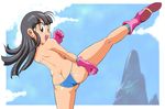  1girl ass bikini black_eyes black_hair boots butt_crack chi-chi_(dragon_ball) chichi cloud dragon_ball from_behind gloves hime_cut kick kicking long_hair looking_back mountain open_mouth outdoors pepipopo sky smile solo swimsuit topless 