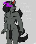  anthro anthrofied balls big_penis black_hair black_penis circumcised english_text equine eye_mist flaccid flat_colors friendship_is_magic front grey_background grey_body grey_fur hair half-erect horn horse king_sombra_(mlp) long_hair male mammal muscles my_little_pony navel nipples nude pecs penis plain_background pony pubes smile solo spookysushi standing text unicorn 