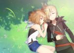  aliasing blonde_hair brown_hair gladio_(pokemon_sm) grass hoodie male mizuki_(pokemon_sm) pokemon rupinesu short_hair shorts signed sleeping 