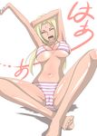  1girl bikini blonde_hair breasts eyes_closed facial_mark forehead_mark jagi_(nexboy) long_hair naruto navel shueisha solo striped striped_bikini striped_swimsuit swimsuit tsunade underboob yawning 