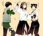  2boys bandages black_hair bodysuit closed_eyes double_bun fingerless_gloves forehead_protector gloves green_bodysuit grey_eyes hyuuga_neji iyutani multiple_boys naruto naruto_(series) open_mouth rock_lee scabbard sheath short_hair teeth tenten vest 