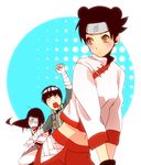  2boys bandages black_hair blush brown_eyes closed_eyes double_bun forehead_protector hyuuga_neji iyutani multiple_boys naruto naruto_(series) open_mouth rock_lee short_hair sweatdrop teeth tenten vest 