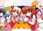  :&lt; ^_^ apple apron black_hair blonde_hair blue_eyes blue_hair brown_hair closed_eyes food fruit green_eyes hairband halloween hands_together jack-o'-lantern kamikita_komari kitchen kurugaya_yuiko little_busters! long_hair mixing_bowl multiple_girls natsume_rin nishizono_mio noumi_kudryavka orange_eyes pastry_bag ponytail pumpkin purple_eyes purple_hair red_eyes saigusa_haruka short_hair short_twintails side_ponytail spatula twintails zen 