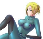  annie_leonhardt blonde_hair blue_eyes blush bodysuit breasts cosplay covered_navel frown kukua_(mosushi) lying medium_breasts metroid on_back ponytail samus_aran samus_aran_(cosplay) shingeki_no_kyojin short_hair simple_background solo_focus white_background zero_suit 