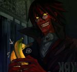  banana black_hair evil_grin evil_smile food fruit furayu_(flayu) glasses grin itoshiki_nozomu male_focus red_skin sayonara_zetsubou_sensei shosei smile solo 