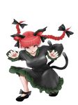  animal_ears ankle_bow ankle_ribbon arms_up bow braid breasts cat_ears cat_tail dress full_body hair_bow kaenbyou_rin kazu_(rakugakino-to) looking_at_viewer medium_breasts multiple_tails no_socks parted_lips red_eyes red_hair ribbon shoes short_hair simple_background solo squatting tail touhou twin_braids white_background 
