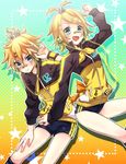  1girl aqua_eyes bandaid bandaid_on_nose blonde_hair brother_and_sister buruma hair_ornament hairclip headphones jacket kagamine_len kagamine_rin looking_at_viewer natsumi_yuu open_mouth project_diva_(series) project_diva_f short_hair siblings smile stylish_energy_(module) twins v vocaloid wristband 