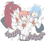  blue_hair closed_eyes fang hair_ornament hairclip kaname_madoka kyubey laughing long_hair mahou_shoujo_madoka_magica mahou_shoujo_madoka_magica_movie miki_sayaka multiple_girls pikachi pink_eyes pink_hair red_hair sakura_kyouko school_uniform short_hair short_twintails translated twintails 